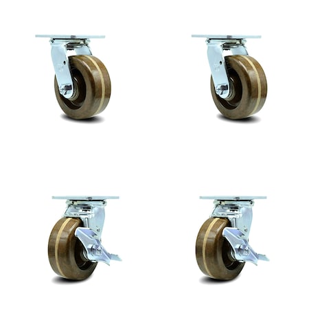 Service Caster 5 Inch High Temp Phenolic Swivel Caster Set with Roller Bearings 2 Brakes SCC SCC-30CS520-PHRHT-2-TLB-2